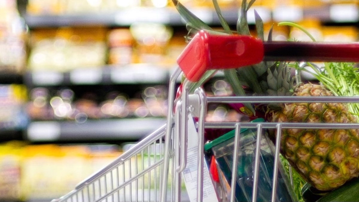 grocery shopping cart with fruits and vegetables